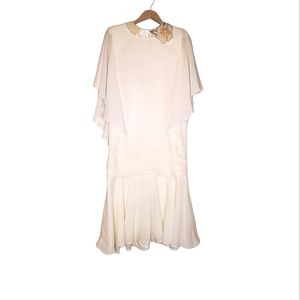 Vintage White Flowy Side Ruffle Dress with Drop Waist & Beaded Floral Neck